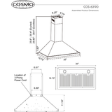 Cosmo 36''  Ductless Wall Mount Range Hood in Stainless Steel with LED Lighting and Carbon Filter Kit for Recirculating COS-63190-DL